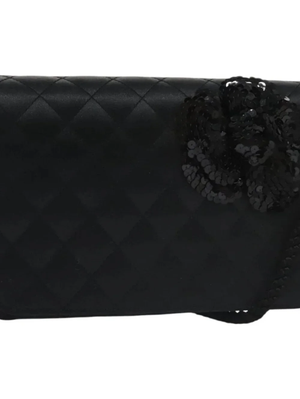 CHANEL Matelasse Sequin Flower Shoulder Bag Satin Black CC Auth 99855V